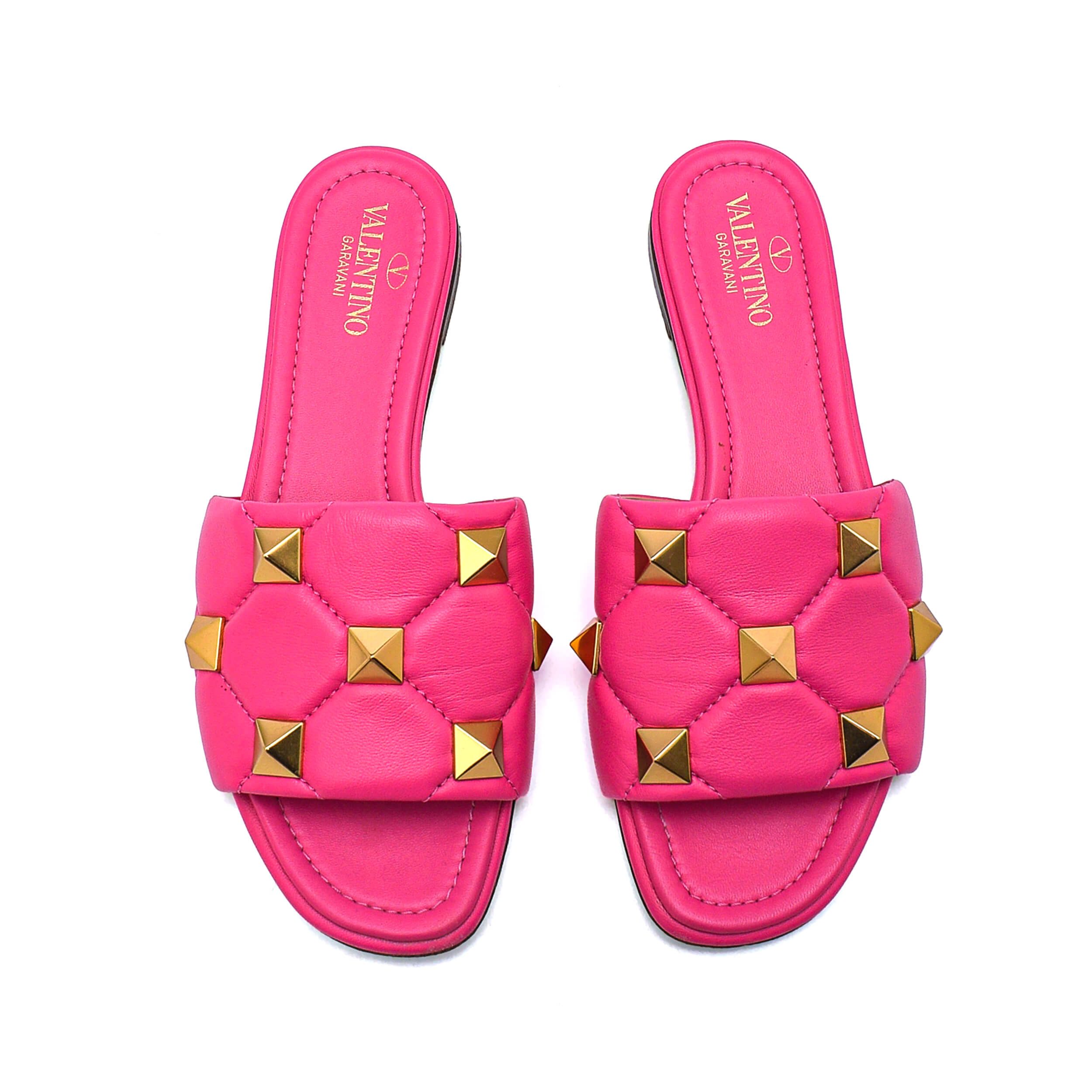 Valentino- Pink Leather Gold Rockstud Slipper 